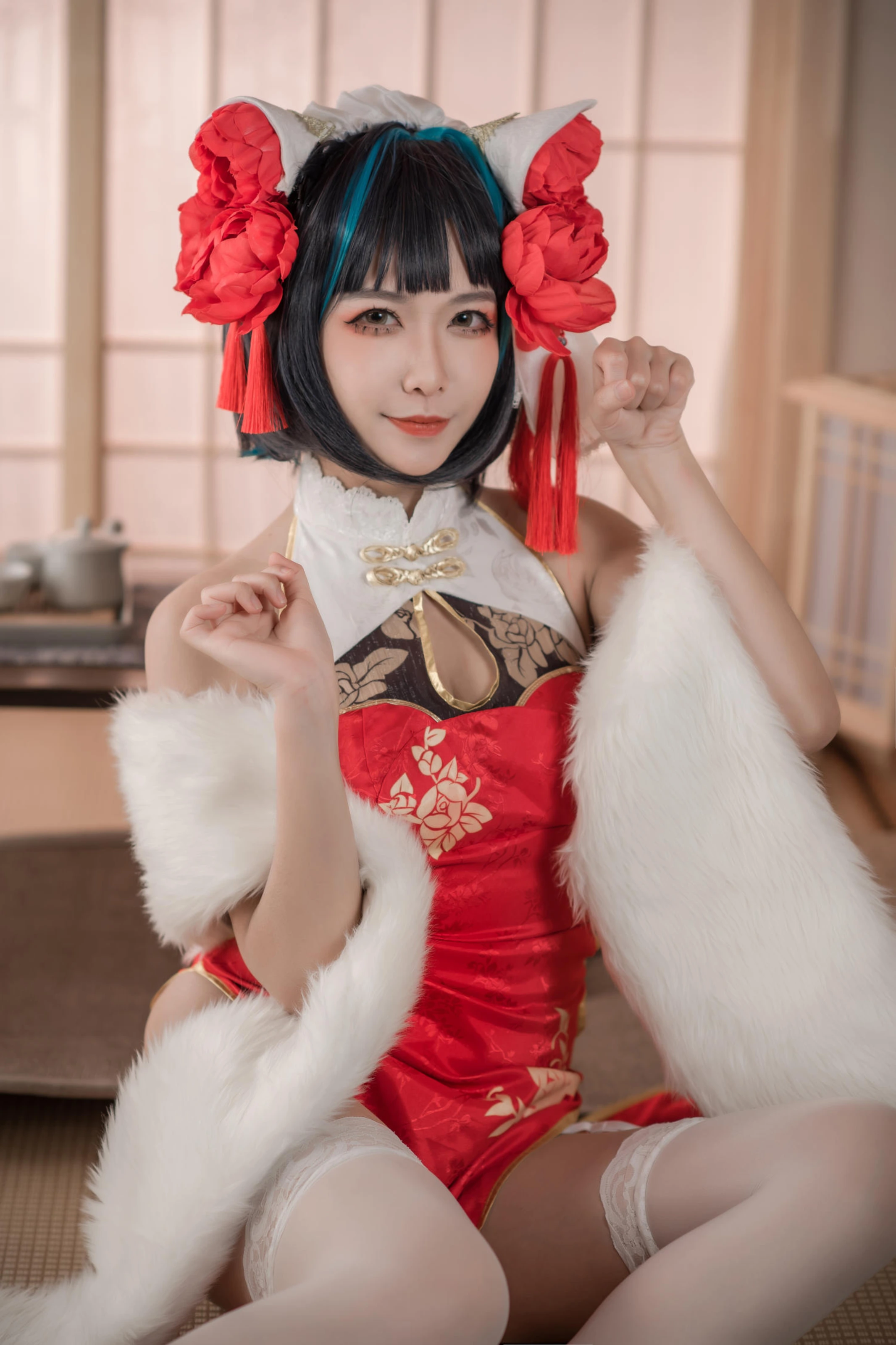 源纱希喵喵喵 – 柴郡红色旗袍 [50P]插图5