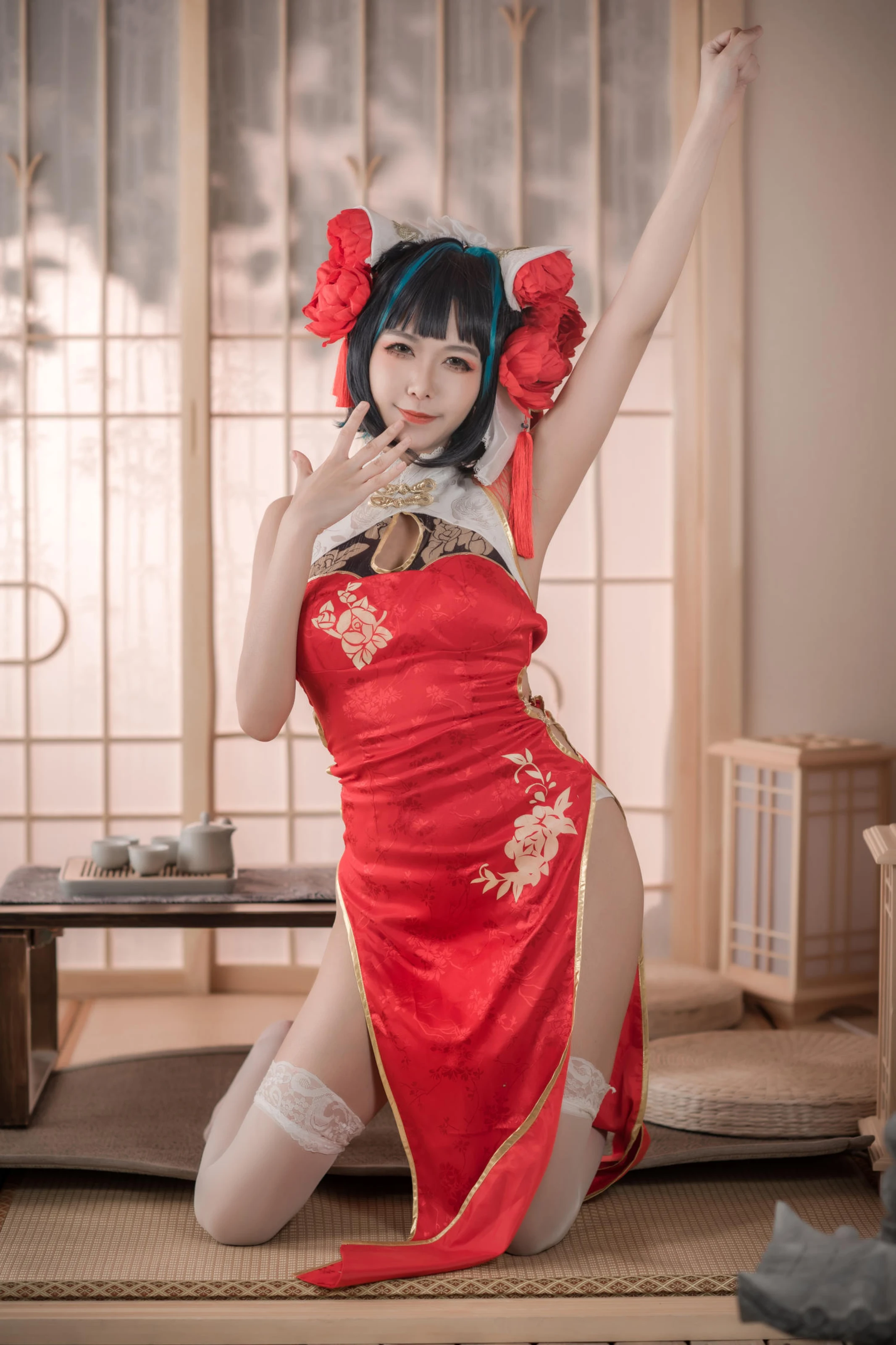 源纱希喵喵喵 – 柴郡红色旗袍 [50P]插图6