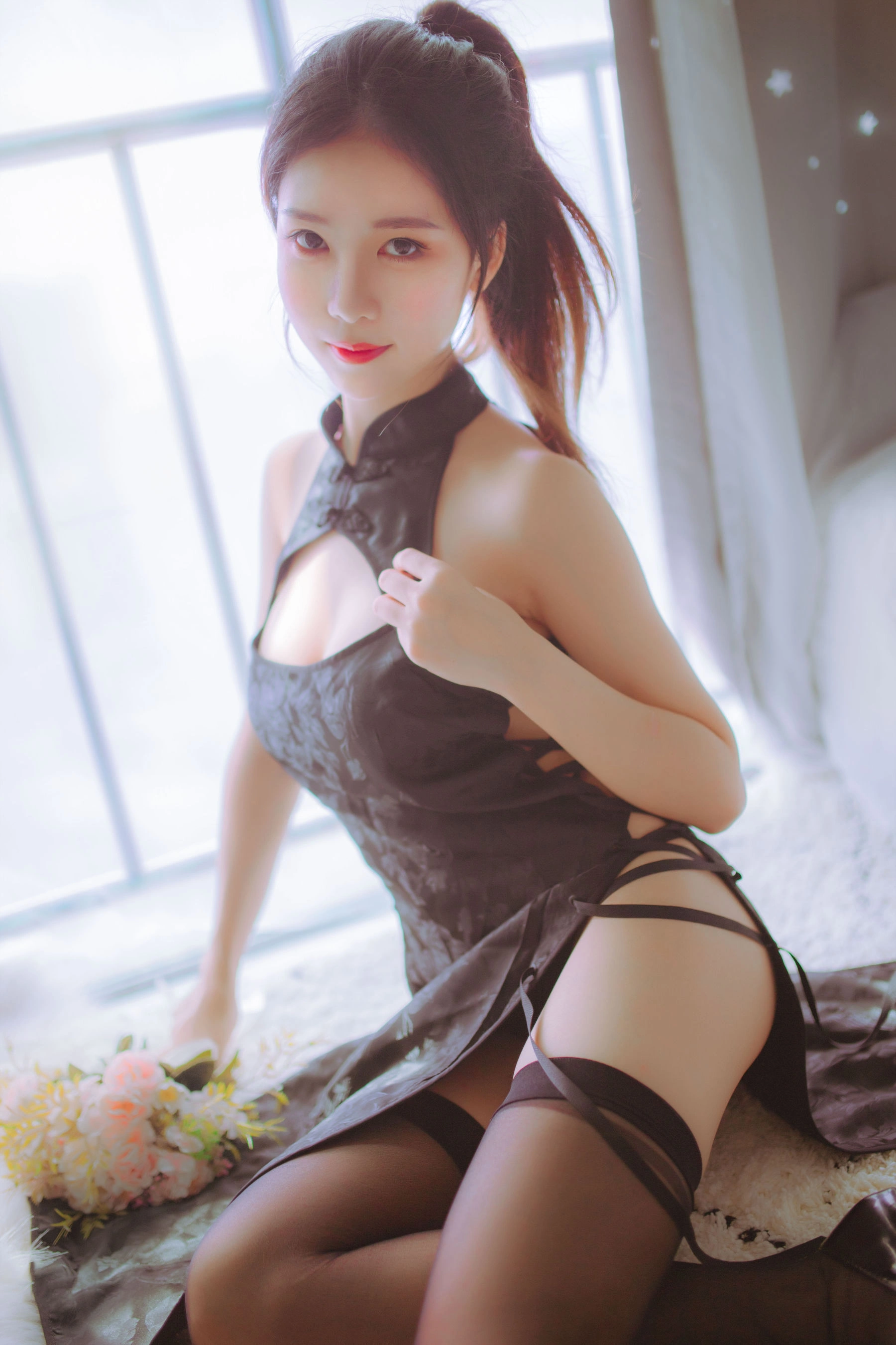 抖娘-利世图集 抖娘×不呆猫 黑白旗袍双子插图4