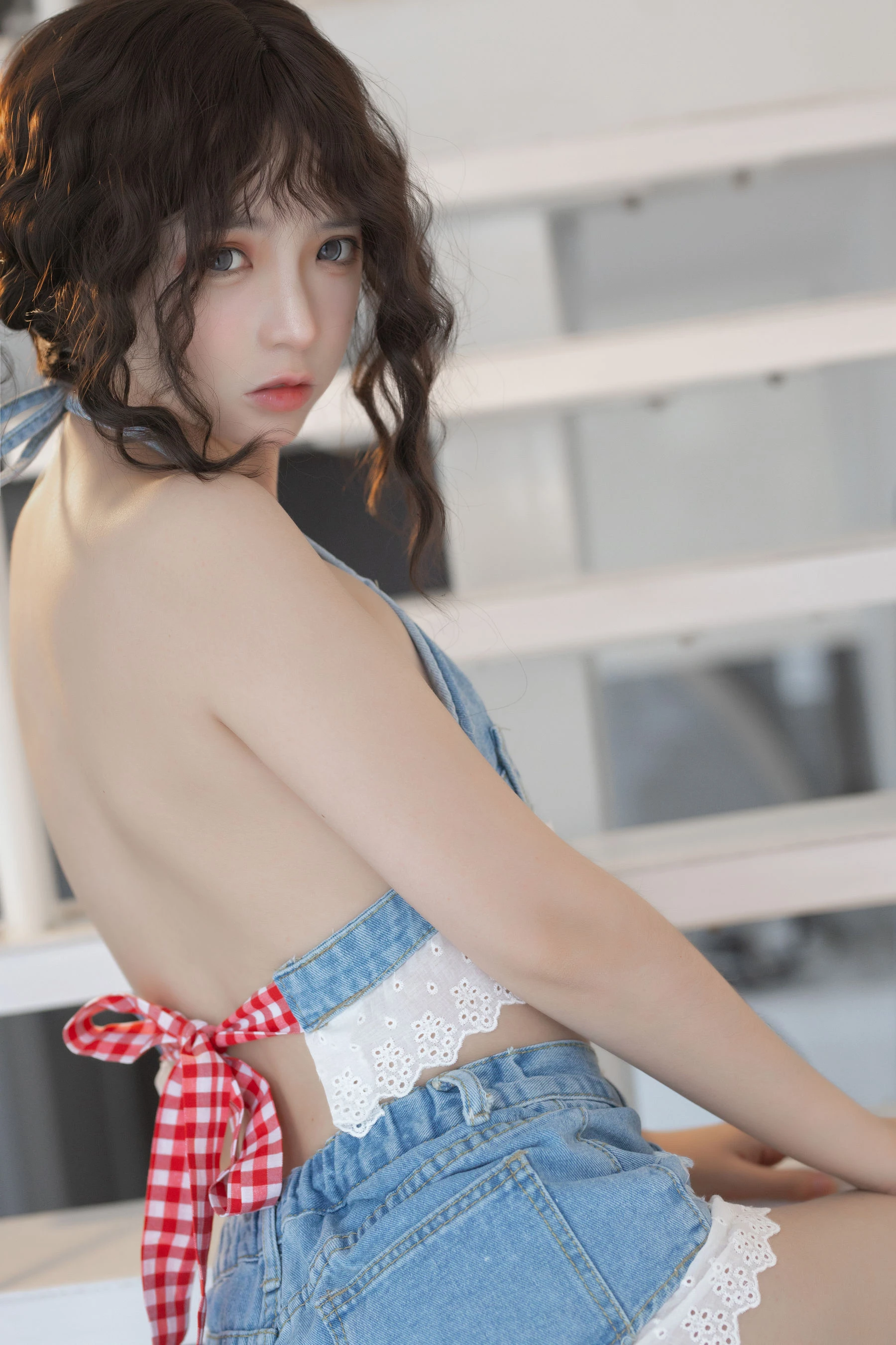 疯猫ss – 2022夏日限定 背带牛仔蕾丝裤插图2