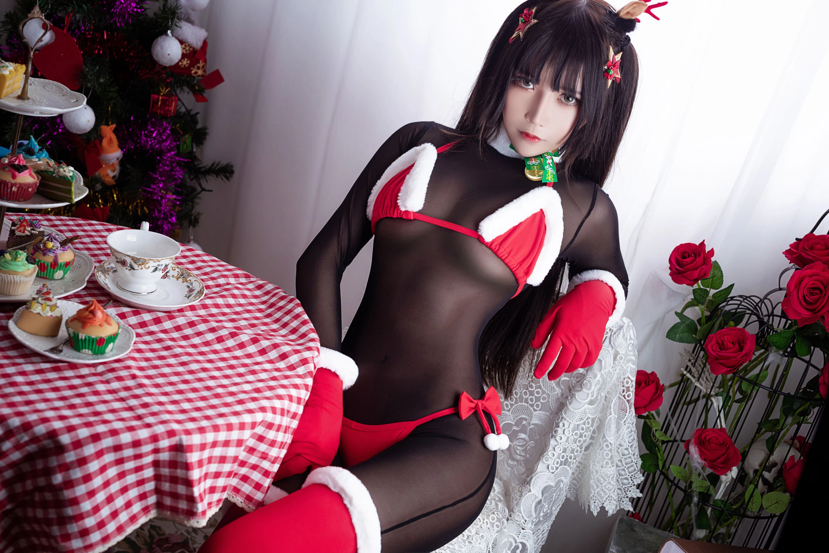 二次元妹子抱走莫子aa 连体黑丝圣诞比基尼插图7